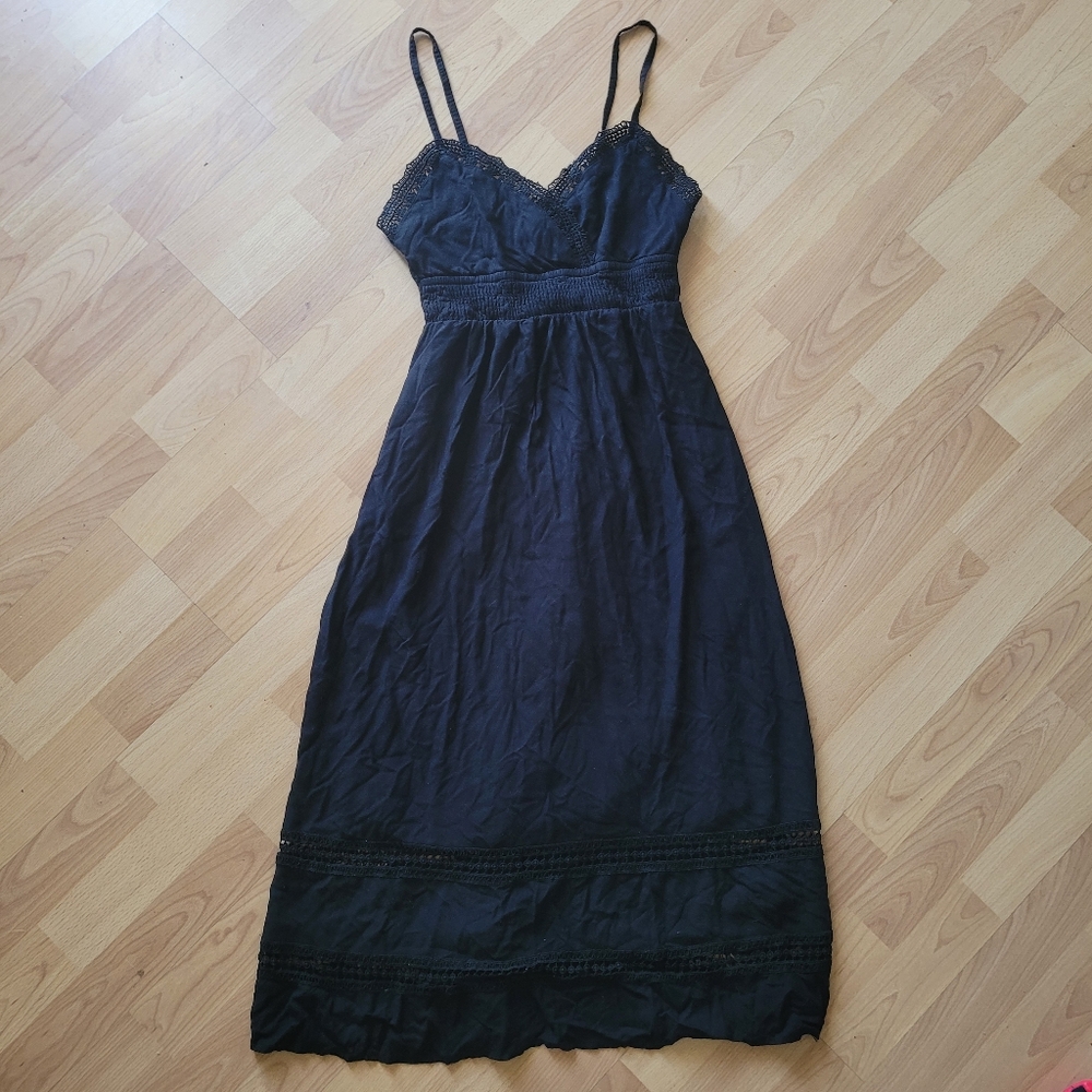 Smocked Black Lace Trim Dress